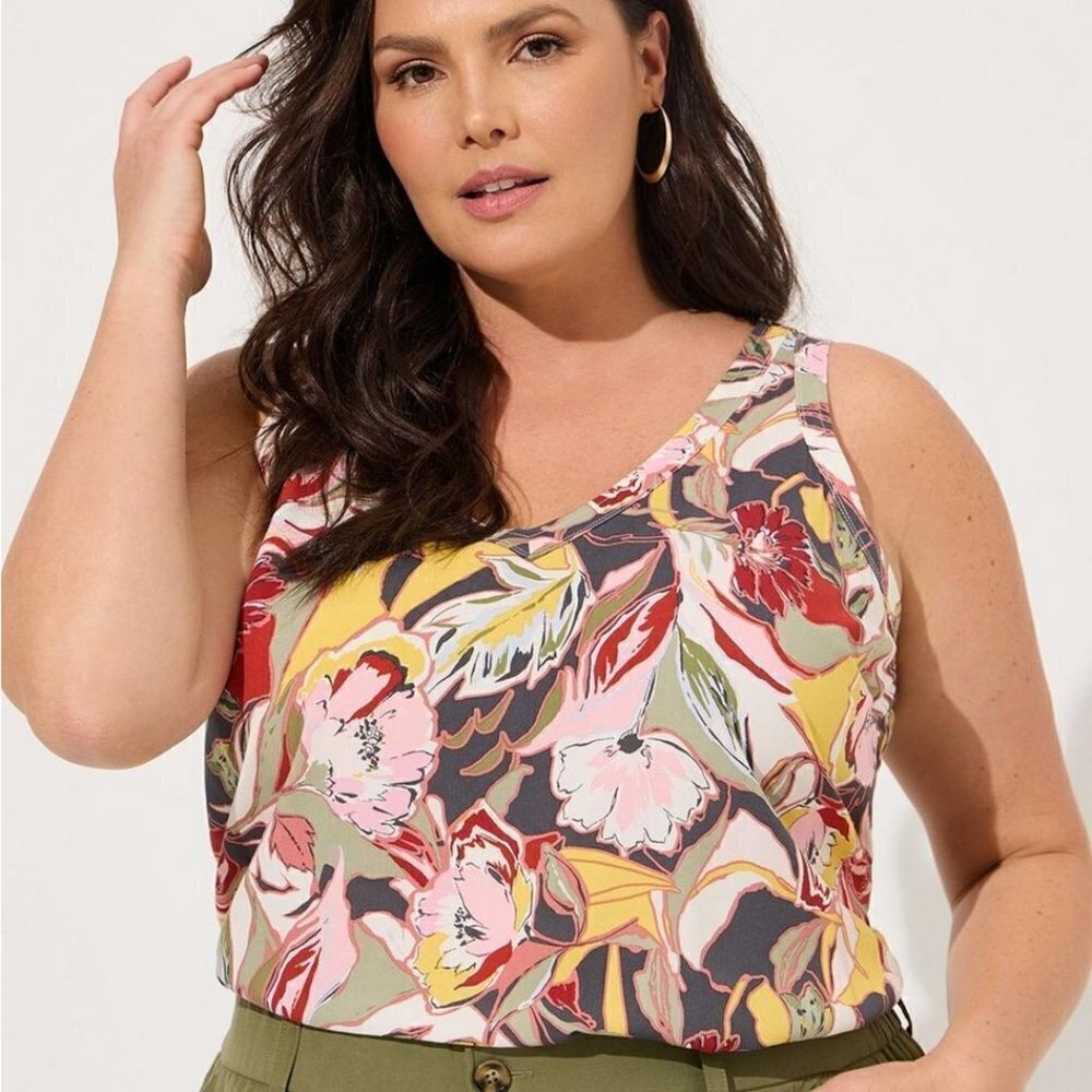 Torrid - Challis Stitch Detail Tank in Floral Multi Colour​​​​​​​​​​